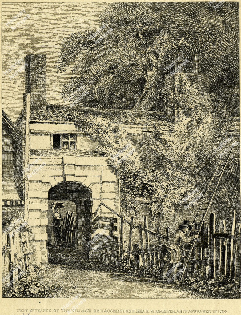 West entrance of village of Haggerstone near Shoreditch, 1794.