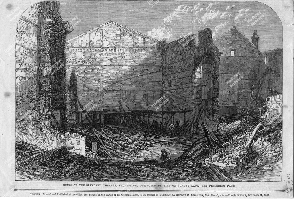 Illustration of the ruins of The Standard Theatre, High Street, Shoreditch which was destroyed by fire. Taken from The Illustrated London News, 27th October 1866.