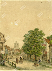 Watercolour by W. Richardson depicting Mare Street and Hackney brook looking towards St. John's Church and tower. Includes bridge, Ye King's Head, horse and cart and barrow man. 1740.