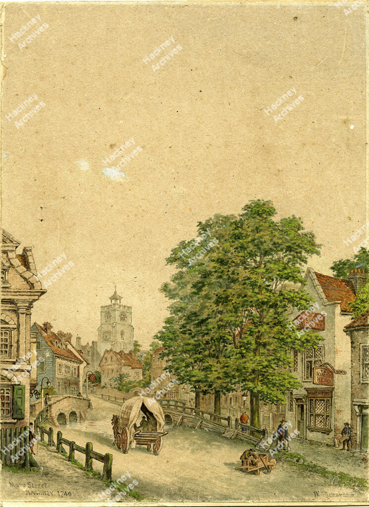 Watercolour by W. Richardson depicting Mare Street and Hackney brook looking towards St. John’s Church and tower. Includes bridge, Ye King’s Head, horse and cart and barrow man. 1740.