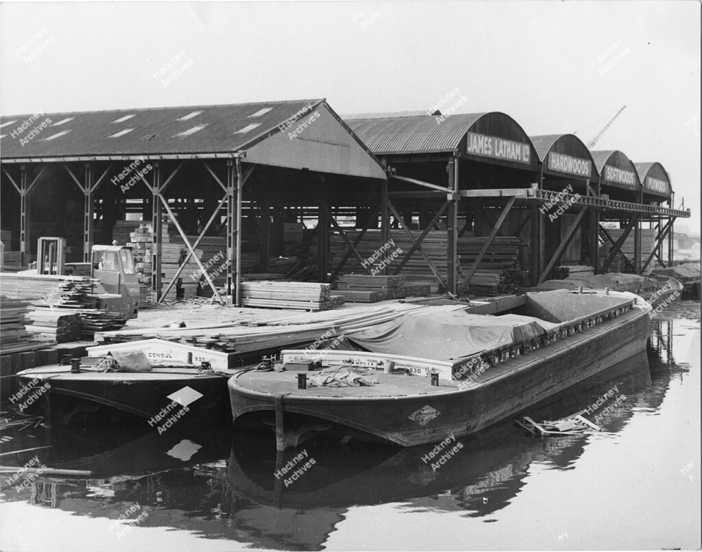 James Latham LTD timber yards at Latham’s Wharf, River Lea, Hackney. 1966.