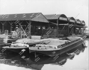 James Latham LTD timber yards at Latham's Wharf, River Lea, Hackney. 1966.