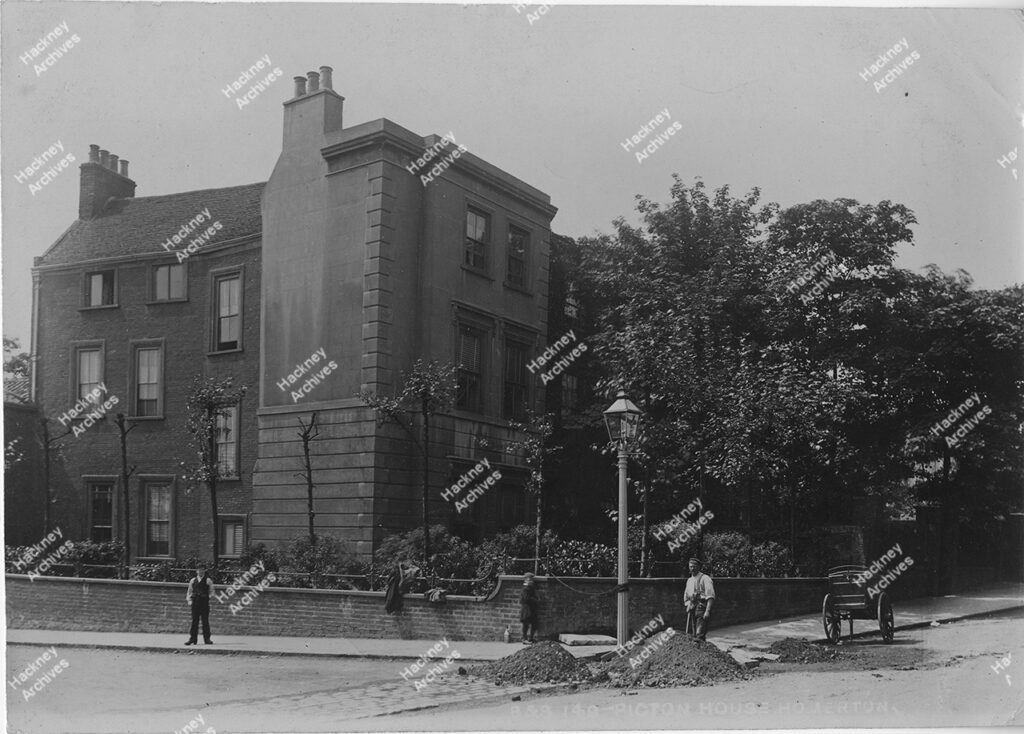 Picton House (Sutton House), from Homerton High Street and Isabella Road junction. Includes workman digging road, c.1900.