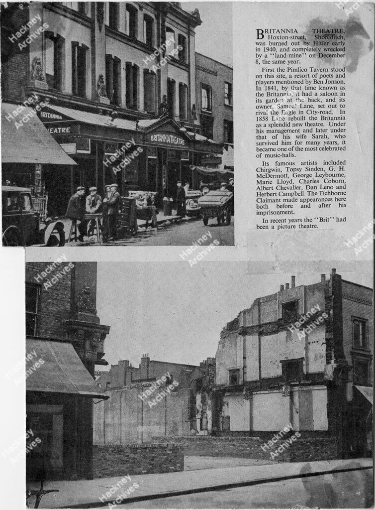 Page from magazine including The Britannia Theatre before (1920s) and after bomb damage clearance during World War Two, 1957.