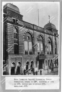 The Royal Cambridge Theatre, Commercial Street, Shoreditch. Taken from The Architect, 20th January 1899. The theatre opened in 1864, destroyed by fire in 1896, rebuilt in and re-opened in 1898 and demolished in 1936, 1899.
