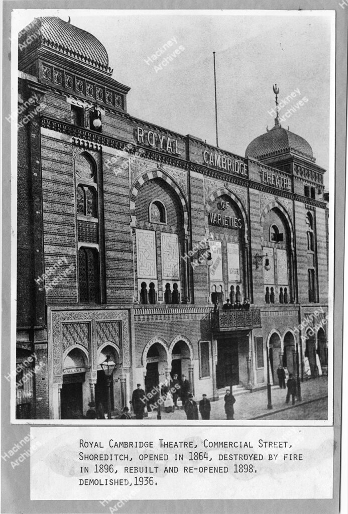 The Royal Cambridge Theatre, Commercial Street, Shoreditch. Taken from The Architect, 20th January 1899. The theatre opened in 1864, destroyed by fire in 1896, rebuilt in and re-opened in 1898 and demolished in 1936, 1899.