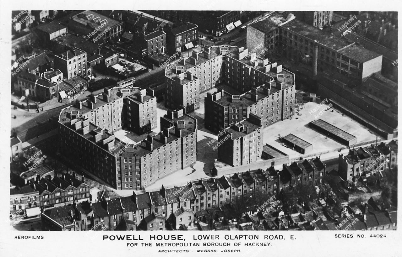Aerial view of Powell House flats, Lower Clapton Road from north west