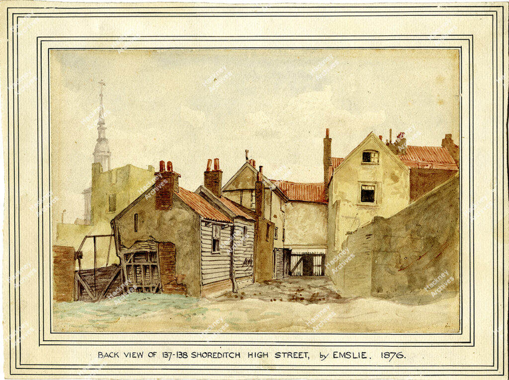 Watercolour of the west side of Shoreditch High street prior to demolition for the widening of the road, Rear of no. 137-138. 1876.