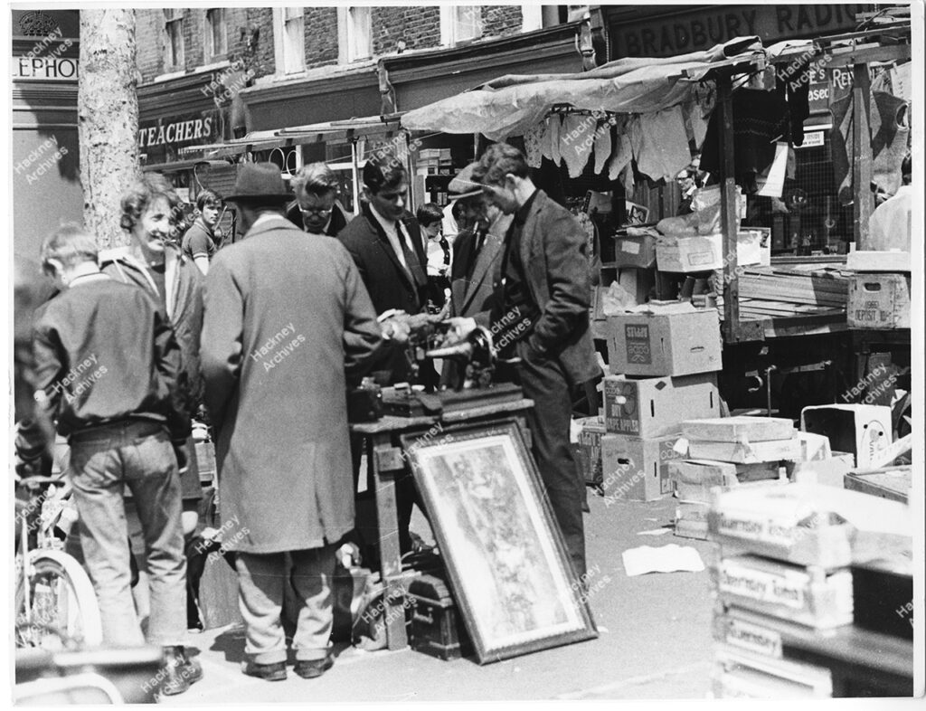 Market stalls, Kingsland waste market, Kingsland Road, Hackney. 1969