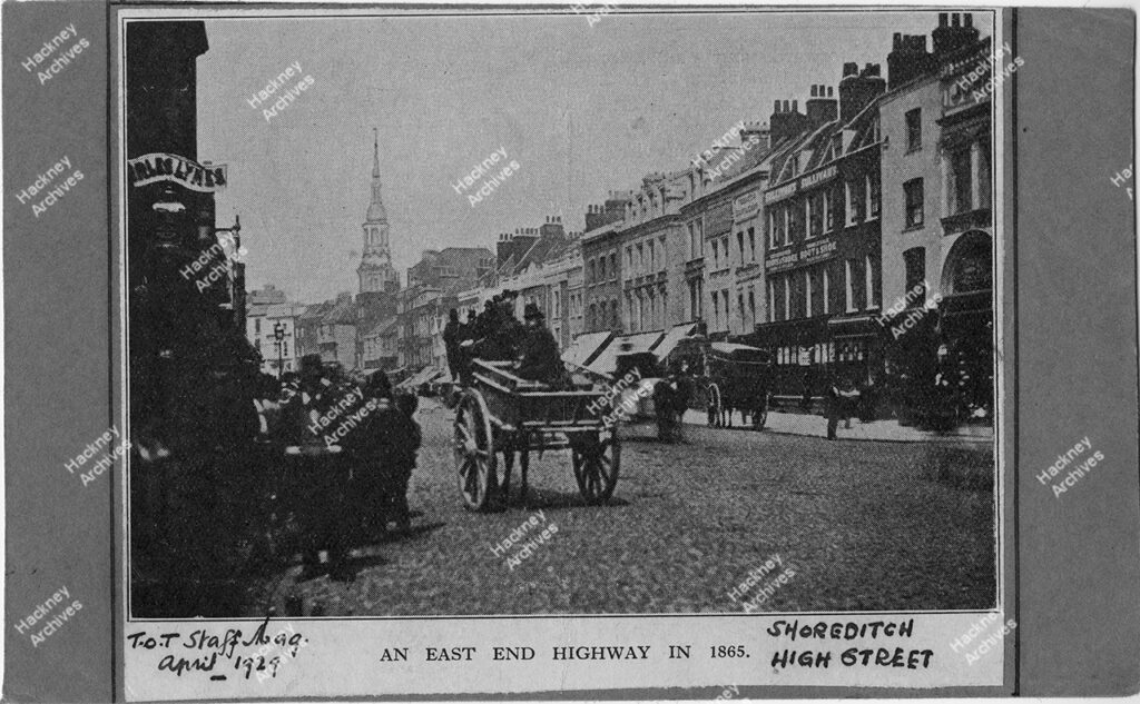 Cutting  from the T.O.T staff magazine of ‘An east End Highway In 1865’. Shoreditch High Street, Shoreditch looking north from Redchurch Street to St Leonard’s, 1865.