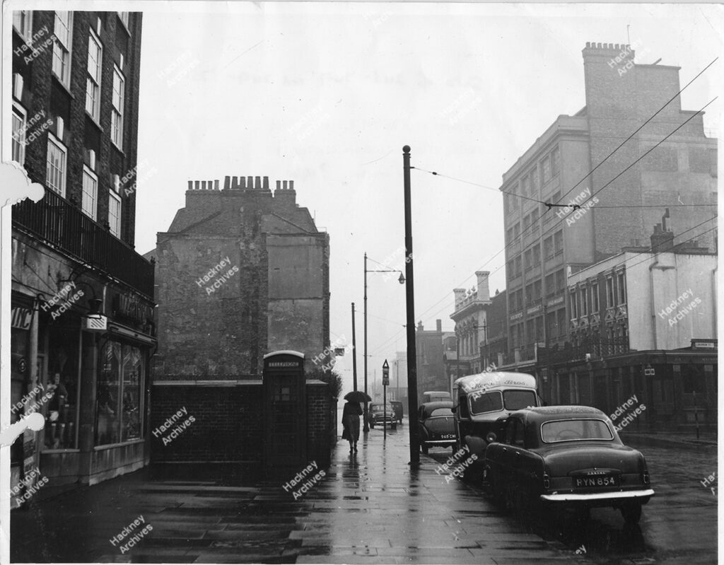 Kingsland Road, view north from Nuttall Street towards canal bridge. Includes Haggerston Library, c.1955.