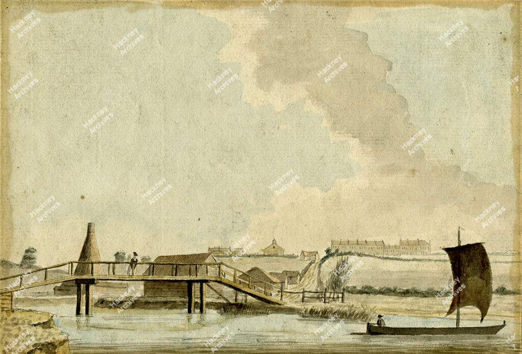 Watercolour of the Lea River at High Bridge, c.1815.