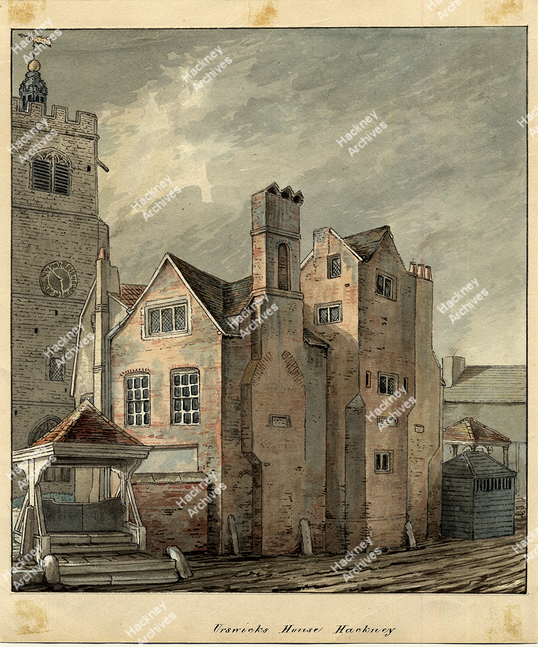 Watercolour of Urswick’s House, Mare Street, Hackney, c.1900. Hackney