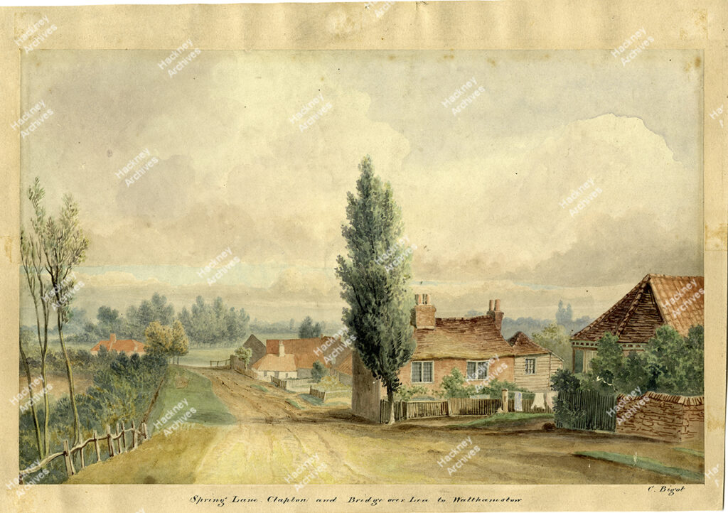 Watercolour of Spring Lane, Clapton, c.1815.