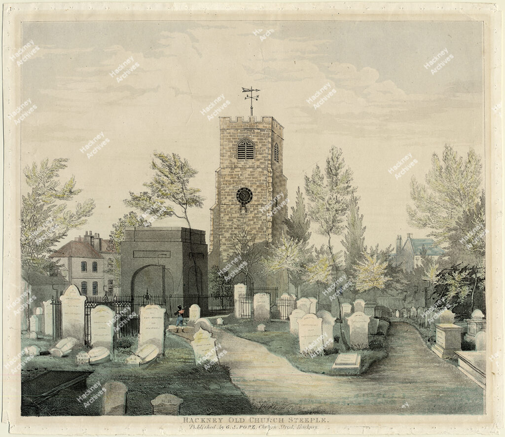 St. John at Hackney, view west from the churchyard, 1800s.