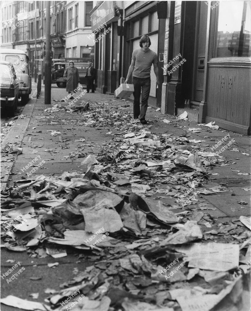 Rubbish during dustmen’s strike, Shoreditch High Street, Shoreditch, Hackney. 1970