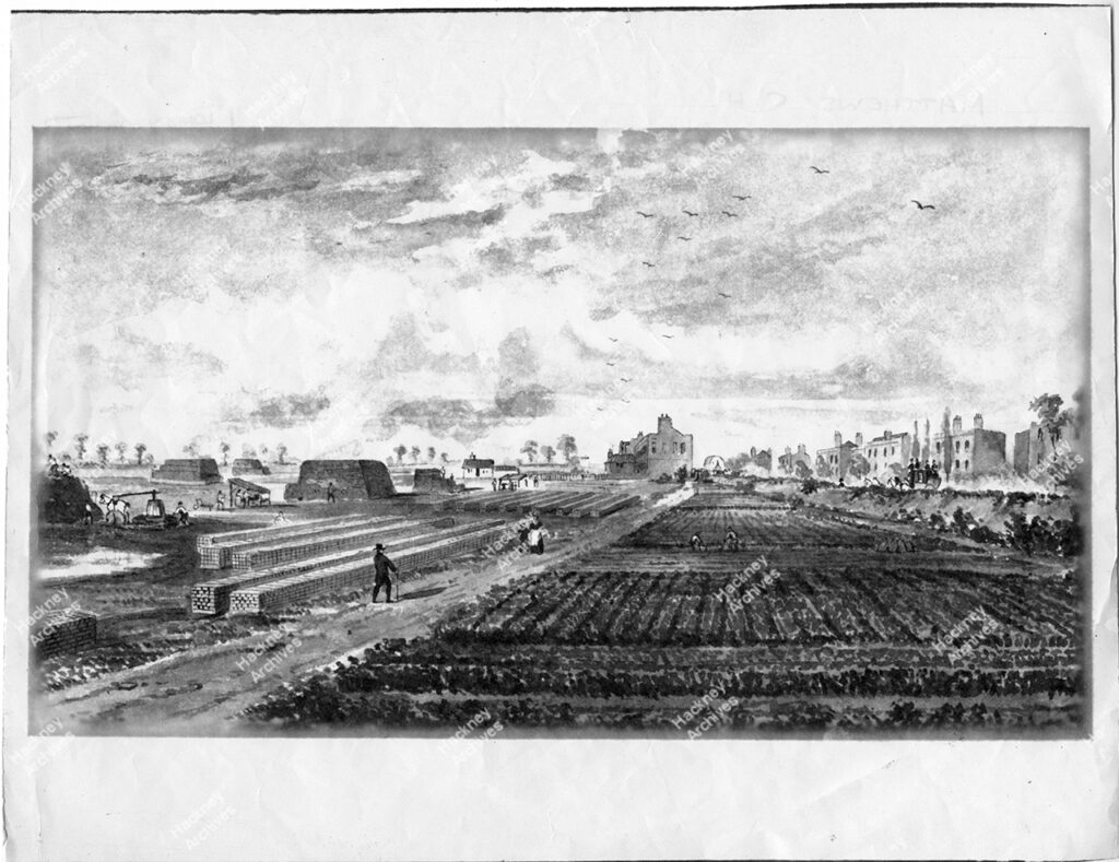 Fox going home to his dinner’, Illustration to poem ‘La Bagatella’ by William Fox junior, which includes a description on a walk north from Balmes House. View shows northern part of estate, with brick making and vegetables, plus houses on east side of Kingsland (Kingsland Place) and at the junction with the later Stamford Street.Kingsland Road, Hackney, c.1850.