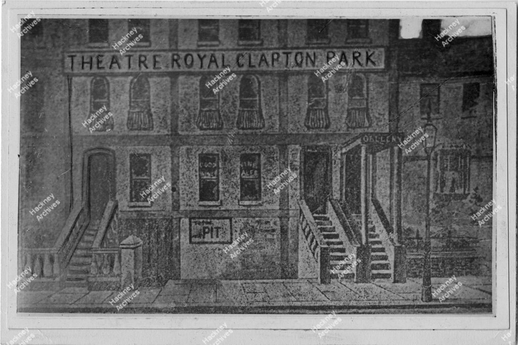 Clapton Park theatre, designed by J. T. Robinson for nearly 600, was built for Thomas Turner behind nos. 79 and 81 Glenarm Road. It had begun a precarious existence by 1875, was renamed the Hackney theatre in 1876, later known as the Theatre Royal, and licensed until 1884. After the theatre had served briefly as a forerunner of Clapton Park tabernacle, nos. 79 and 81 were partly rebuilt in 1894, c.1880