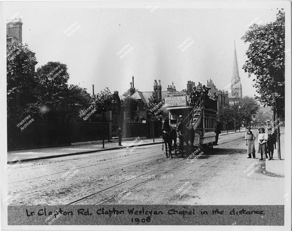 Horse drawn tram, Lower Clapton Road, Hackney. 1905. View north towards Clapton Wesleyan Chapel. Includes entrance to the Deaf and Dumb asylum on left.