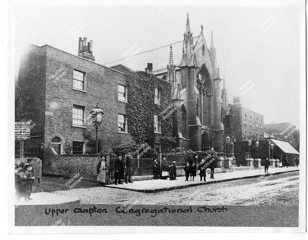 Clapton Congregational Church and Upper Clapton Dairy, Upper Clapton Road west side, Hackney, c.1884.