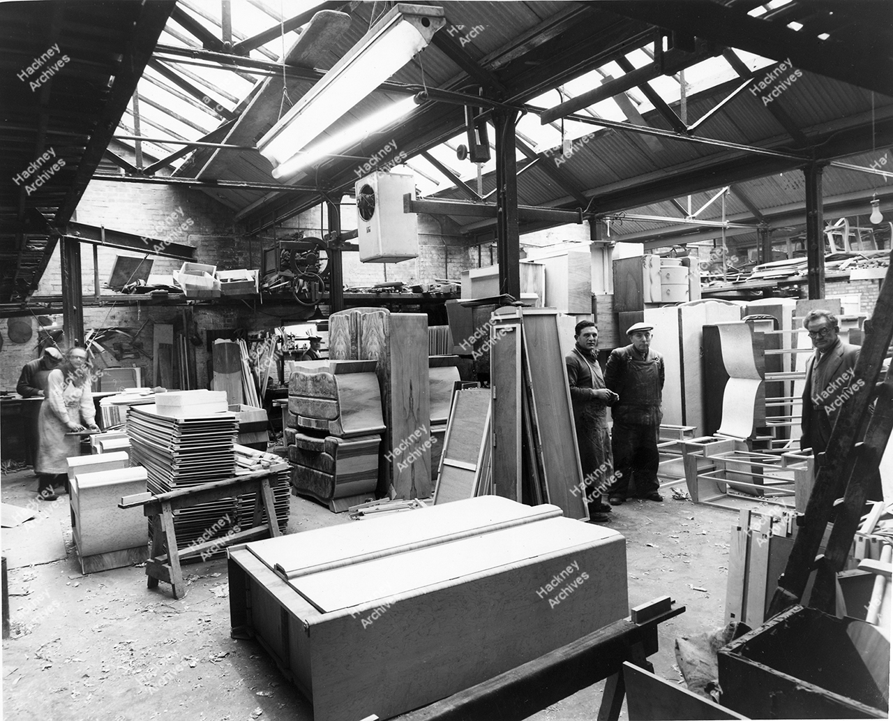 Interior of Wethrington Furniture factory, Hows Street, Hackney, 1955