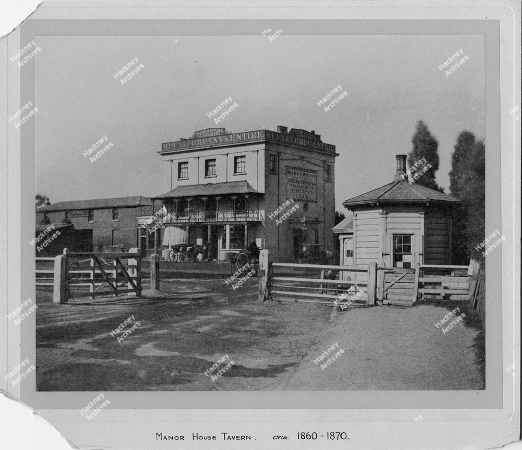 Manor House Tavern with Toll Gate. Green Lanes turnpike, Seven Sisters Road, Hackney, c.1865.