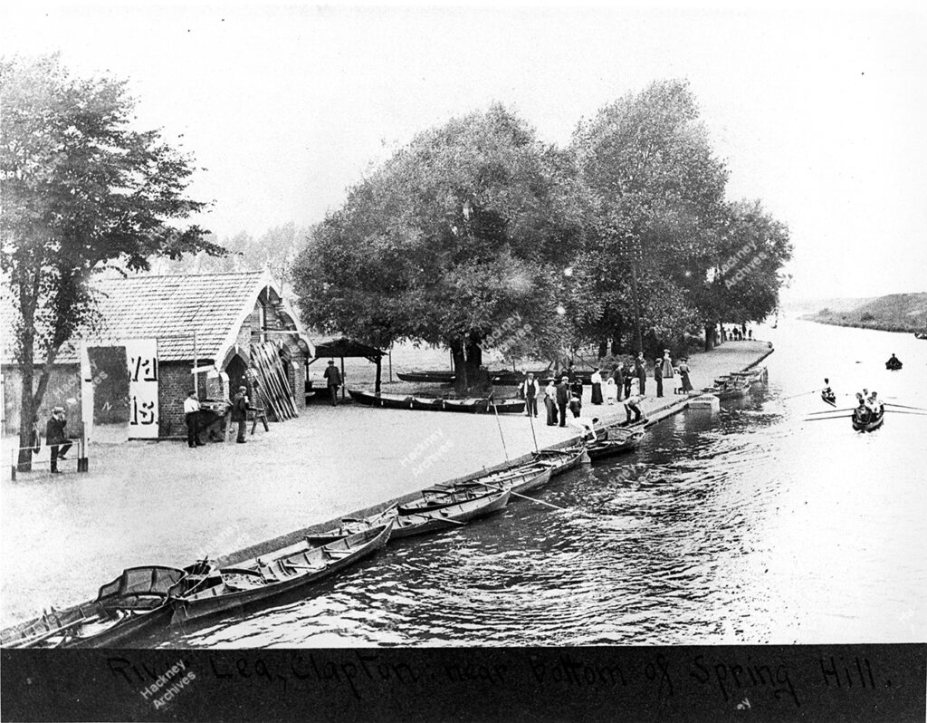 Lea River near the bottom of Spring Hill.  Shows a boathouse, 1890.
