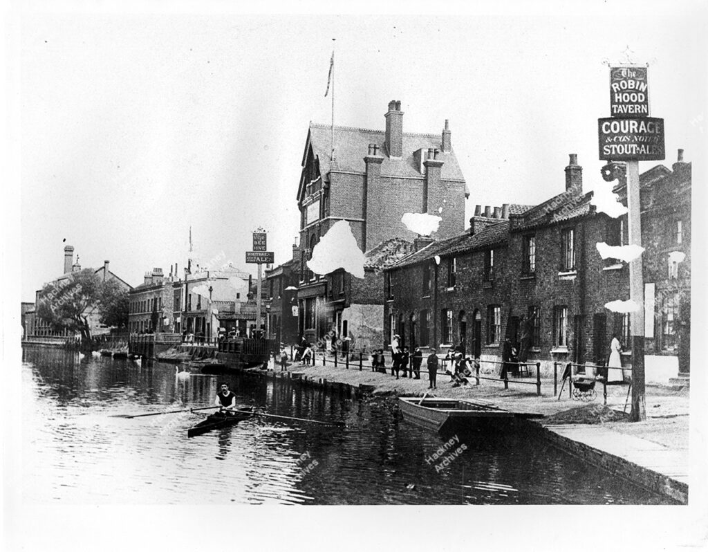 Lea River, west side, looking south, shows Robin Hood pub & Bee Hive pub, 1890.