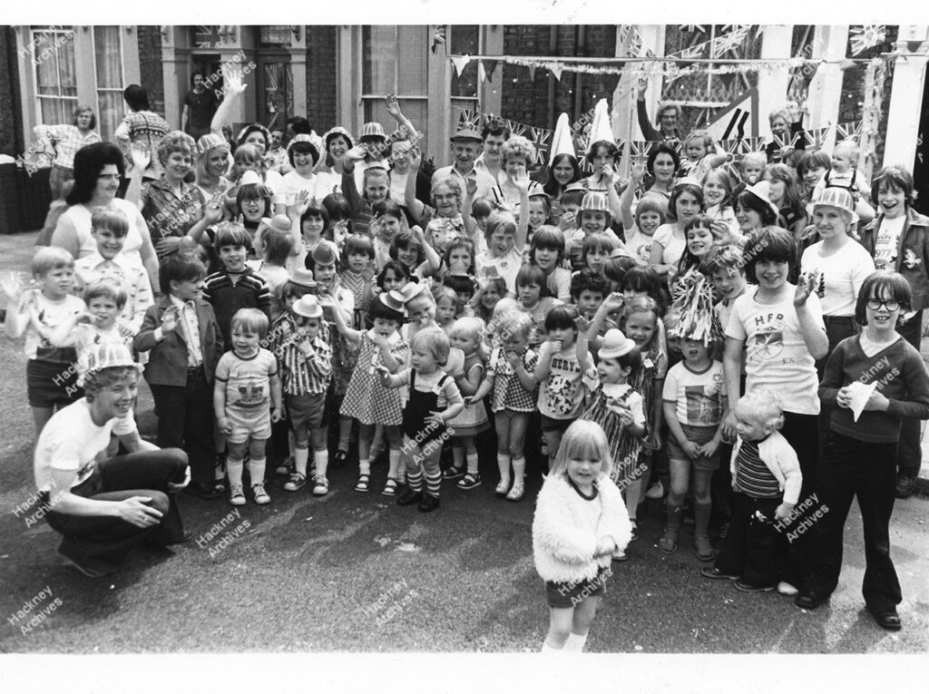 Silver Jubilee of HRH Queen Elizabeth II. Street parties on June 6 & 7, 1977: Navarino Road: Darnley Road; Nightingale Estate; Dunlace Road; Pedro Street; Trowbridge Estate; Spring Hill; Warneford Street; Poole Road/Valentine Road; Harrowgate Road.