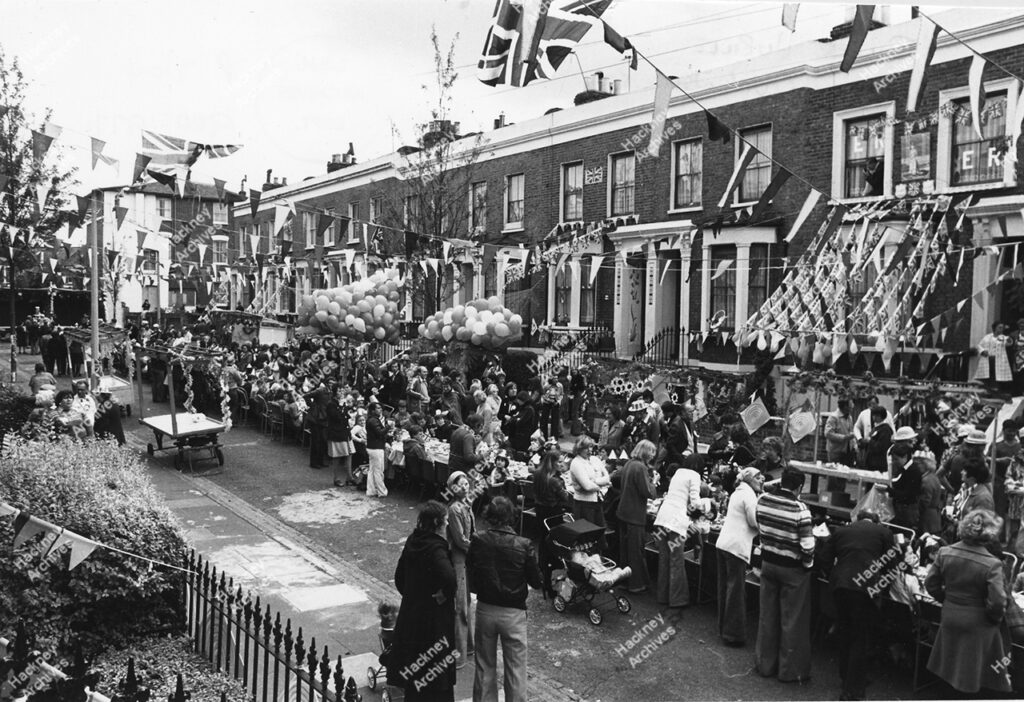 Silver Jubilee of HRH Queen Elizabeth II. Street parties on June 6 & 7, 1977: Navarino Road: Darnley Road; Nightingale Estate; Dunlace Road; Pedro Street; Trowbridge Estate; Spring Hill; Warneford Street; Poole Road/Valentine Road; Harrowgate Road.
