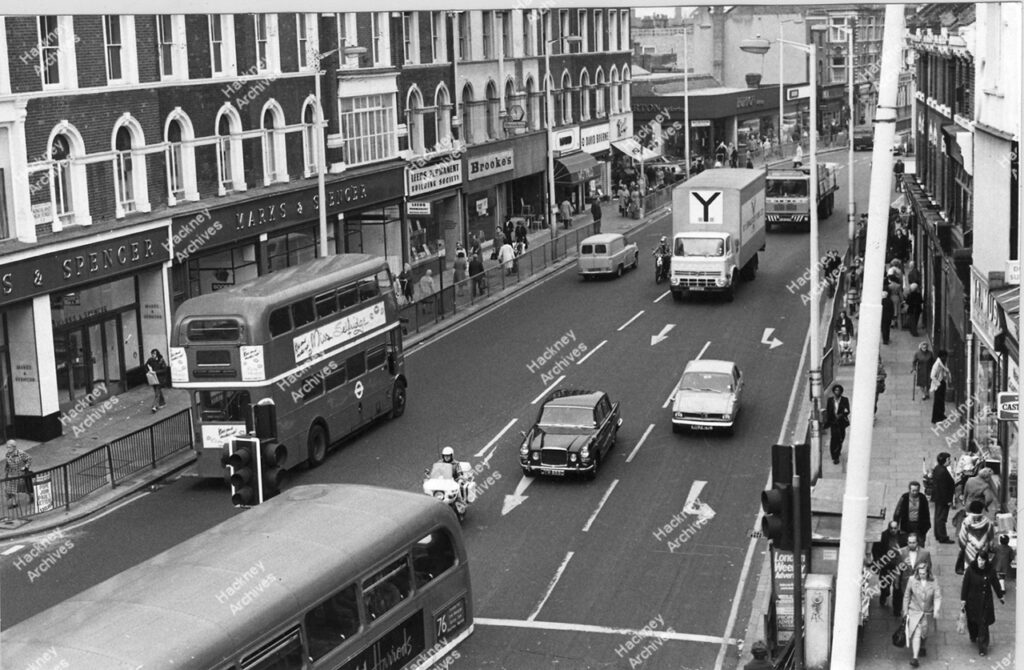 Kingsland High Street looking north from Dalston Junction. Includes Marks & Spencer, Leeds Permanent Building Society. 1978.