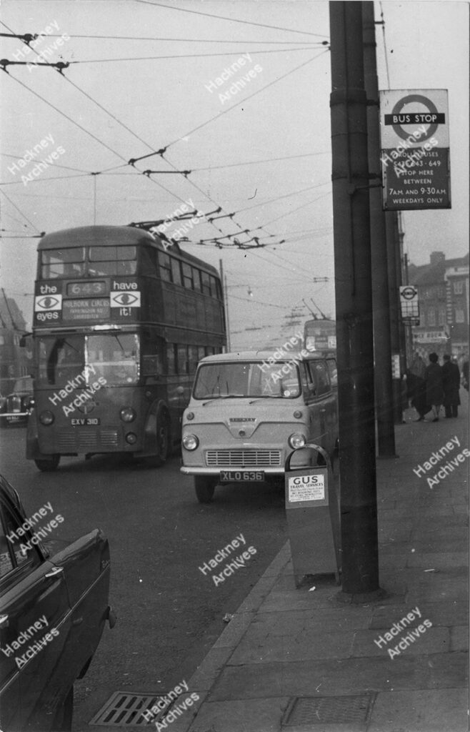 Trolley bus, Stamford Hill, Hackney. 1961.