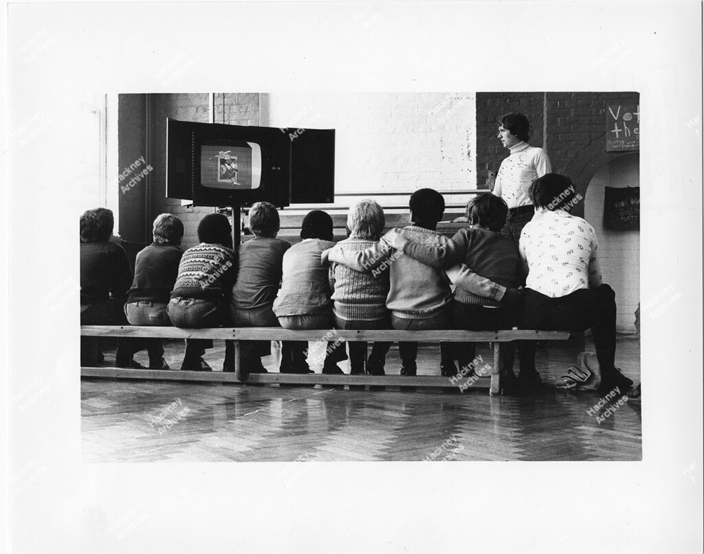 Pupils watching television in class, Gainsborough Primary School, Hackney. 1978.