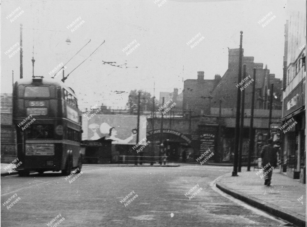 Mare Street, north side looking south to railway bridge. Includes 555 trolley bus, c.1950.