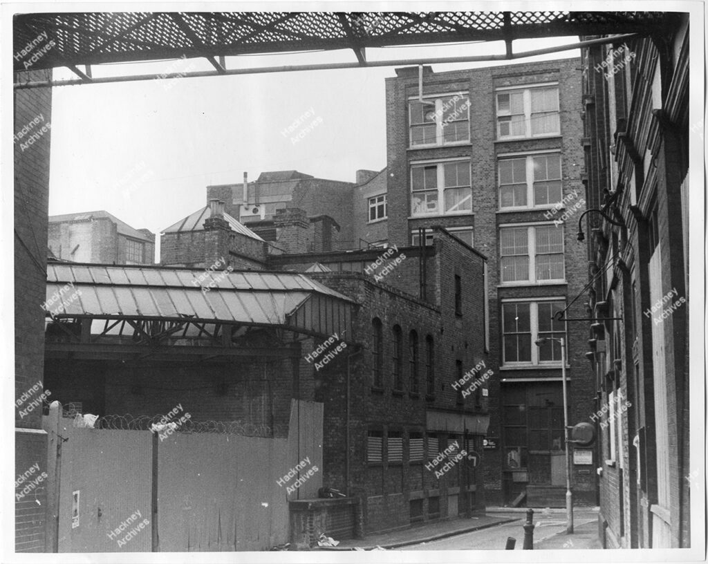 Ridgeways Tea Factory, Bath Place,  Old Street looking south towards Bath Place and Rivington Street. 1980
