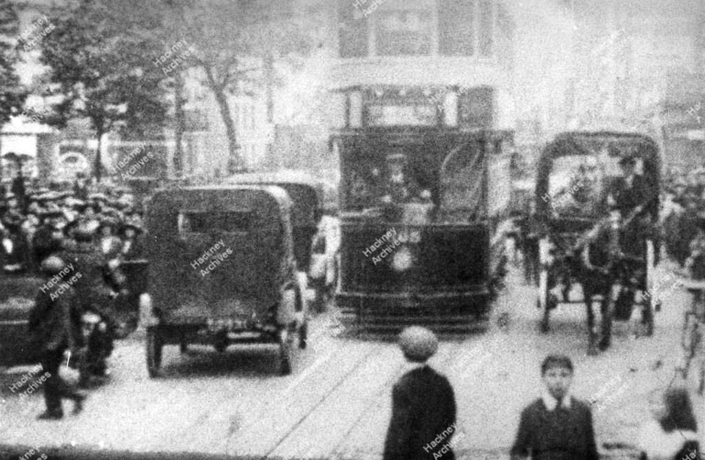 Hoxton Street, still from cine film showing Britannia Theatre and surrounding area. July 1920.