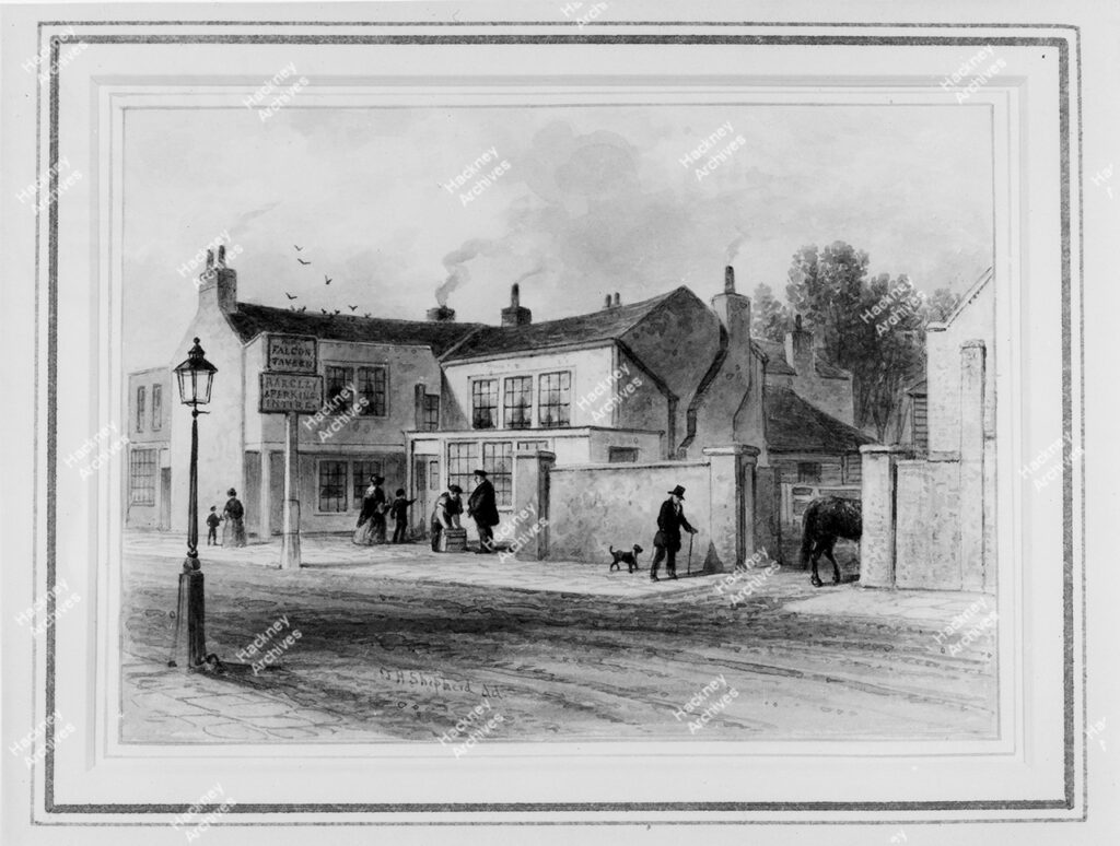 The Rose and Crown public house, Stoke Newington Church Street, south side on opposite corner of Albion Road to the present public house. Created by T. H Shepherd. 1844