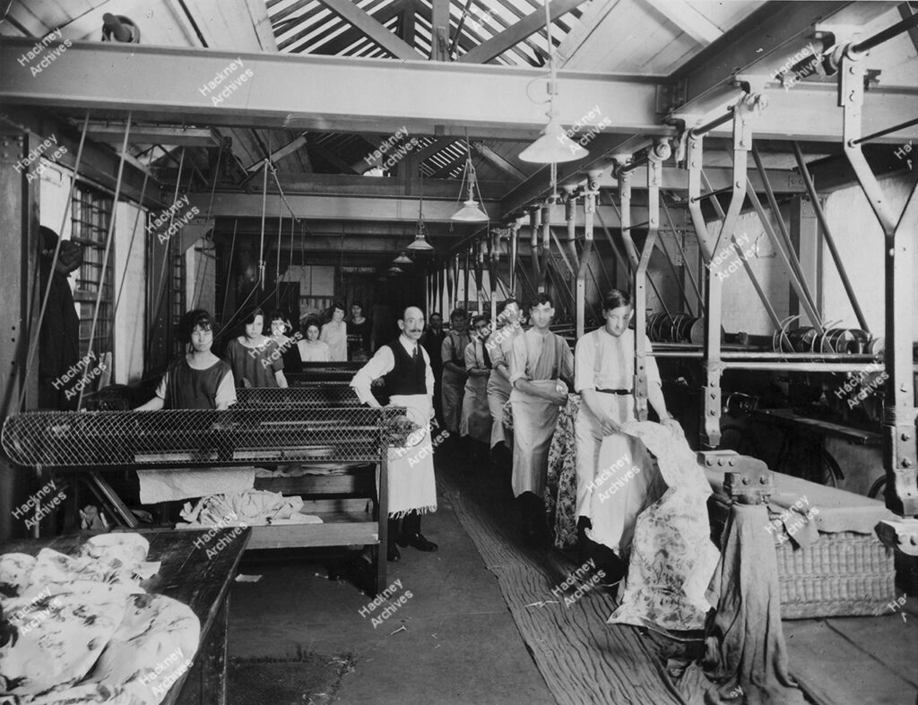 Achille Serre, Hackney Wick. Interior of Dry cleaning Works, women working at ironing boards, 1800s.