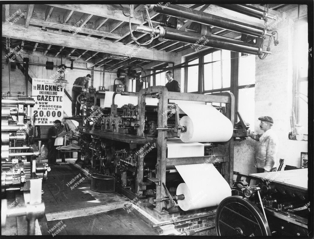 Man working on a hot metal machine in the print room of  Hackney Gazette newspaper, c.1975.