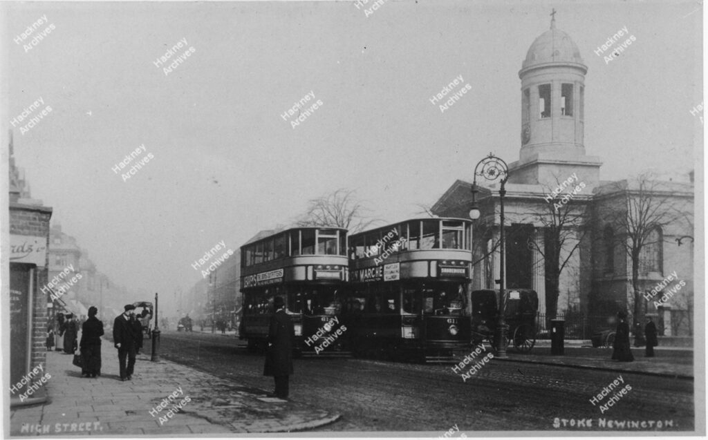 Hackney Church, Stoke Newington High Street, Hackney, c.1910. Includes electric trams.