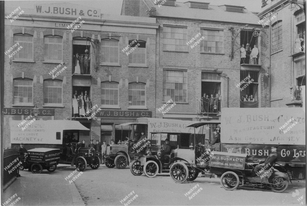 W. J. Bush & Co, Manufacturing Chemists & essential oil distillers, Ash Grove, Cambridge Heath, Hackney, c.1914. W. J. Bush & Co, Manufacturing Chemists & essential oil distillers, Ash Grove, Cambridge Heath. Includes a fleet of motor delivery lorries in works yard.