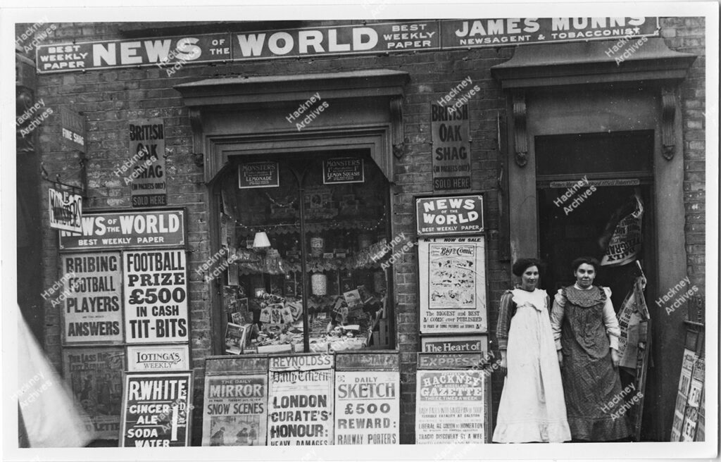 James Munns, Newsagent & Tobacconist, Gainsborough Road, Hackney Wick, 1913.