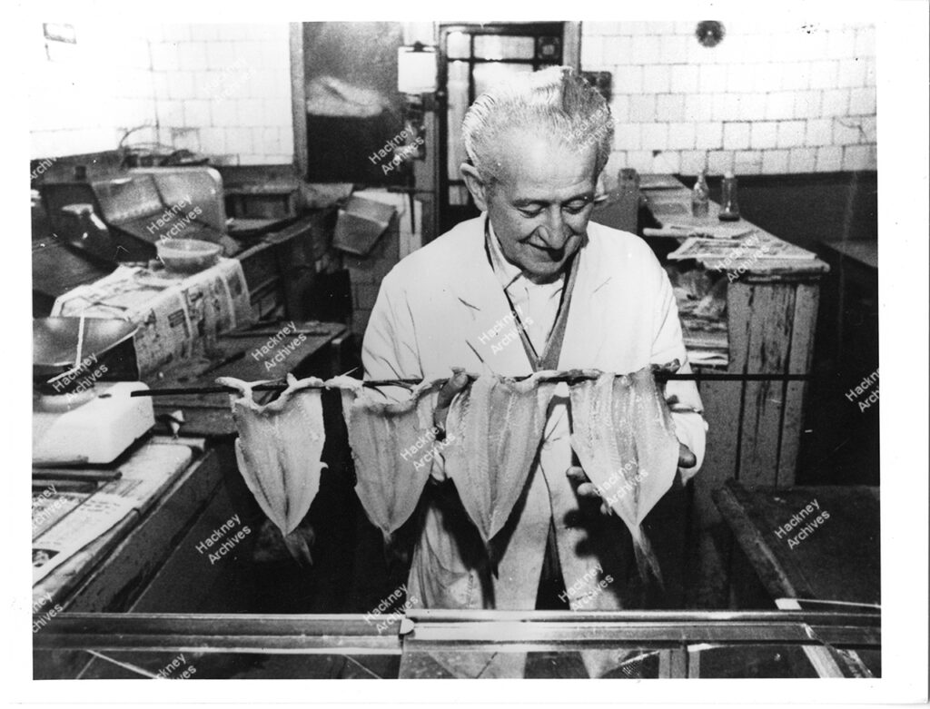 L. Robinson Fishmongers, 35 Allen Road. Interior   showing counter and fish curing room, 1975.