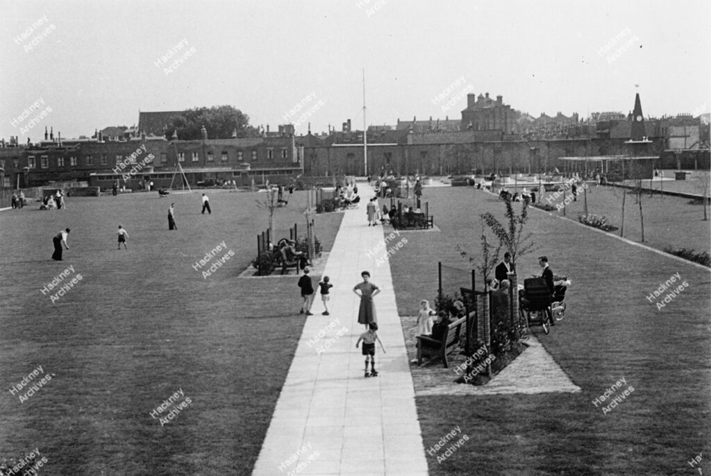 Haggerston Park, showing flagpole, clock tower and tree planting, c.1958.