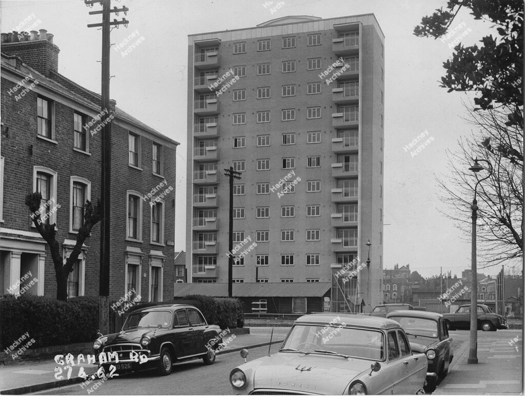 Boscabel House high rise flats, Wilton Way & Royal Oak Road, Hackney. 1962.