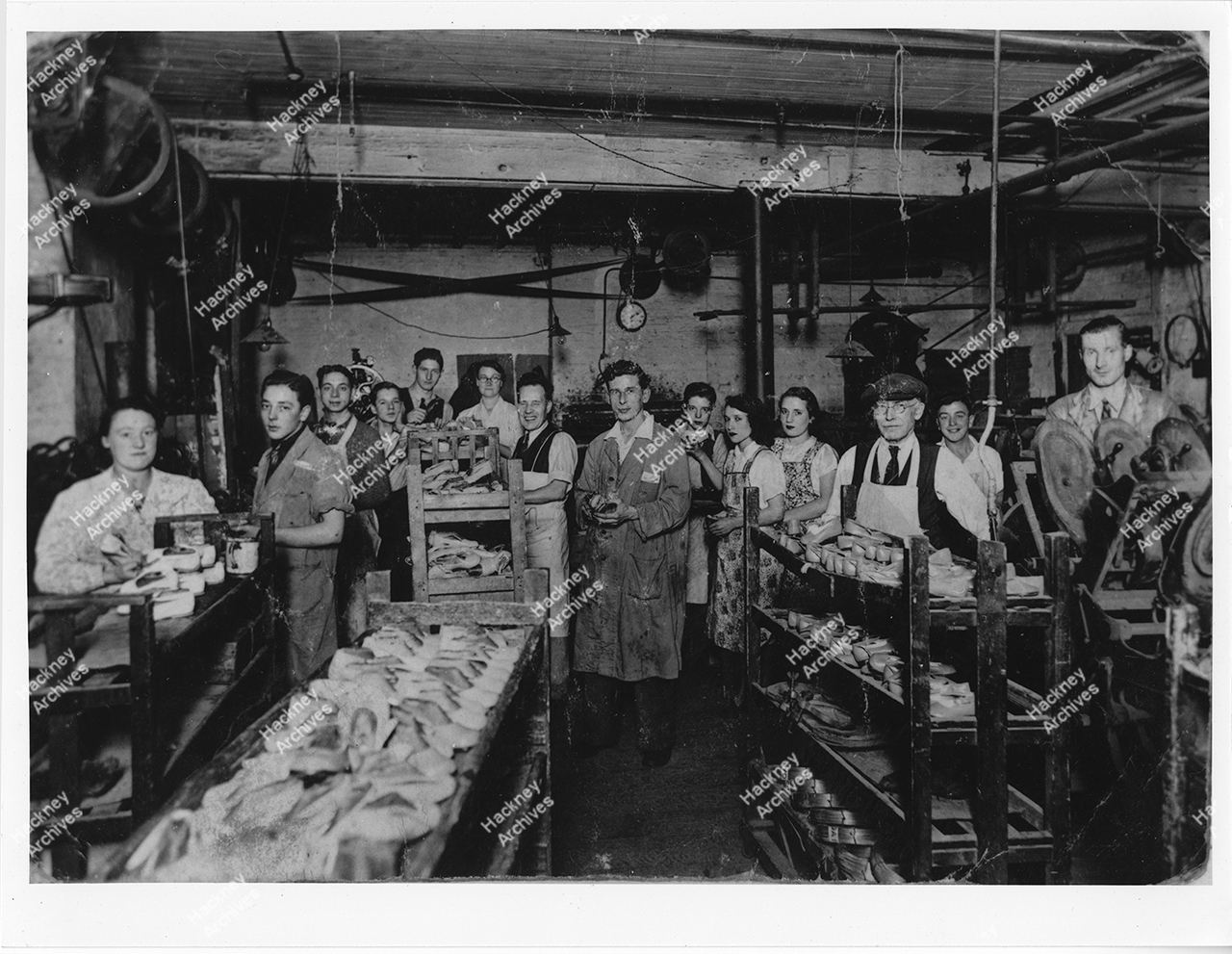 Interior of shoe factory (unidentified). Hackney, c.1950. Hackney