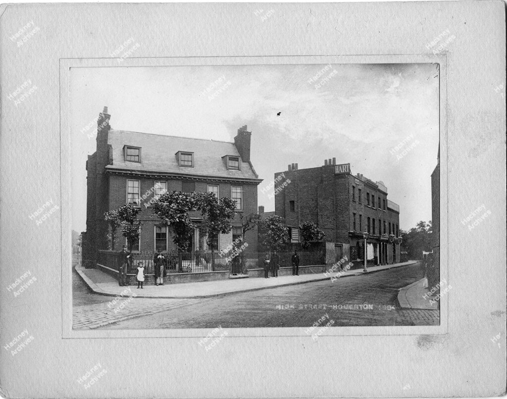 Homerton High Street, north side, Homerton, Hackney. 1884. View east from corner of Homerton Row to Peacock public house.