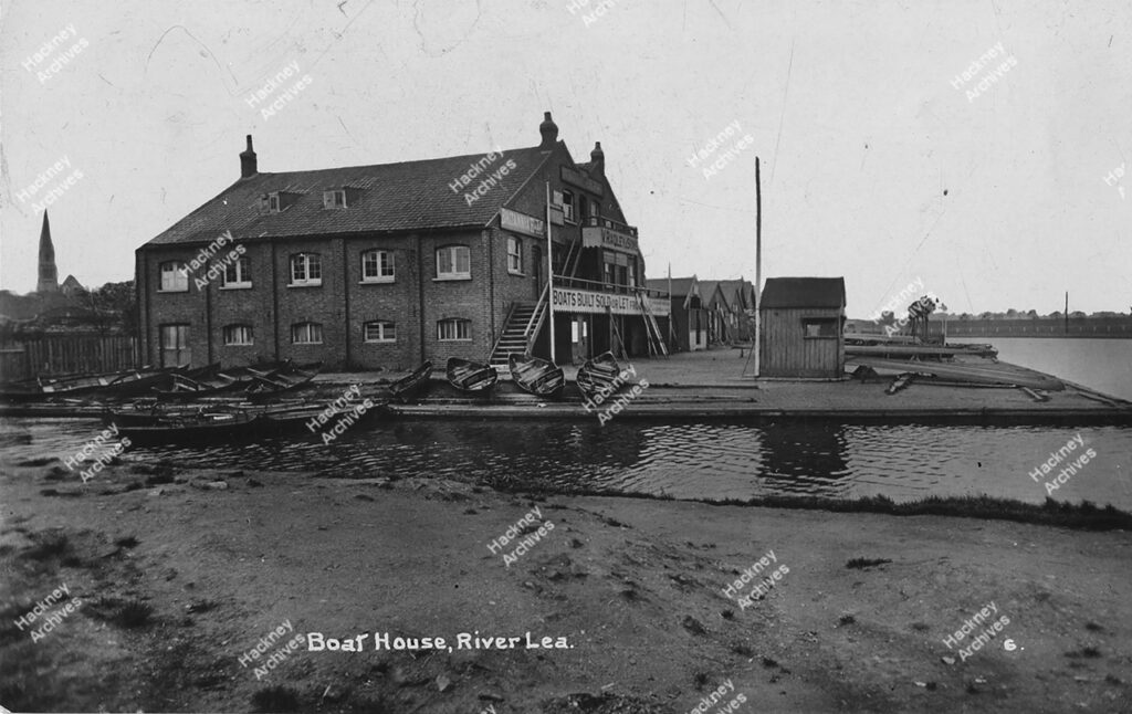 Lea River, Radley’s Boat House.  View north across Lea Dock, c.1920.