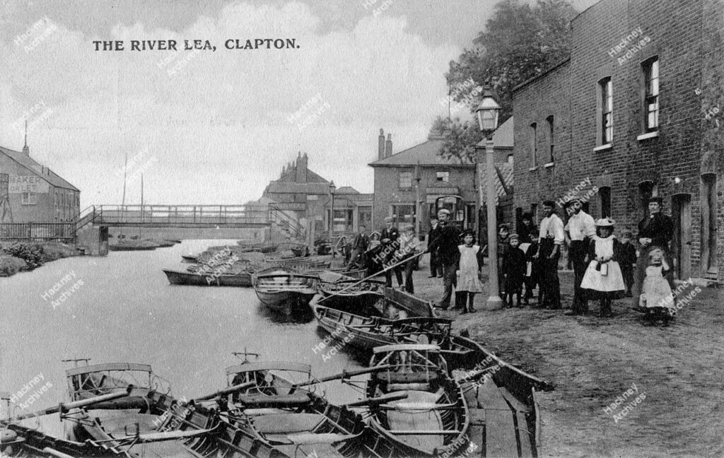 Lea River, Lea Dock.  View east along dock from Leaside Road, c.1905.