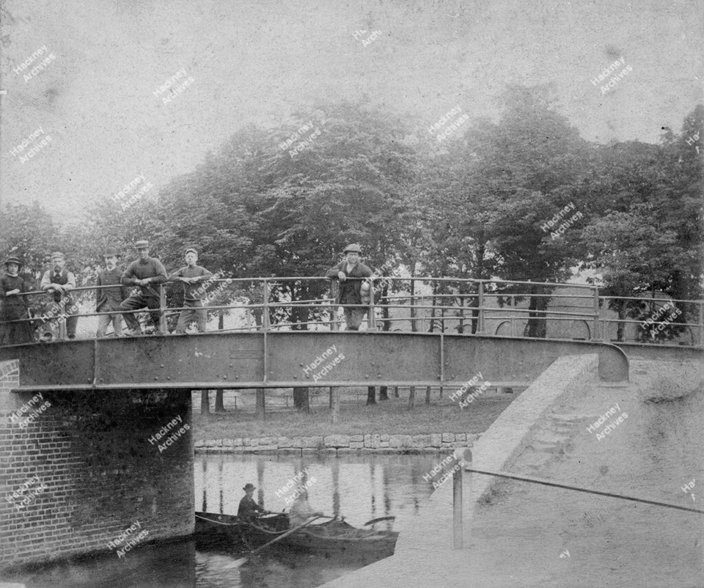 Lea River, Lea bridge dock.  View east from dock to towpath bridge, 1890.